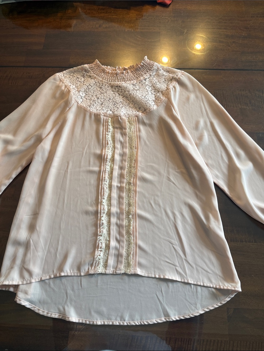 My Michelle Light Pink Lace-Yoke Long Sleeve Blouse